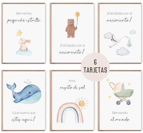 6 tarjetas de felicitación para el nacimiento de un bebé | set de 6 tarjetas plegables incluyendo sobre natural nacimiento bebé niña y niño | dulce tarjeta de felicitación bebé (nacimiento bebé)