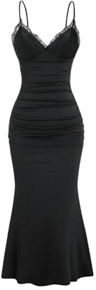 GORGLITTER Women's Lace Ruched Spaghetti Straps Bodycon Maxi Dresses Cocktail Party Pencil Long Dress Evening Gowns Wedding Guest Dresses Black L