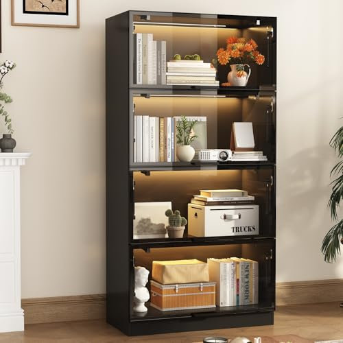DAWNSPACES Vitrine mit LED-Beleuchtung,Glasvitrine mit Flügeltür,Vitrinenschrank mit 4 Regalen,Glasschrank mit Aluminiumrahmen,gehärtetem Glas,für Wohnzimmer Heimbüro,schwarz,80X40X160CM