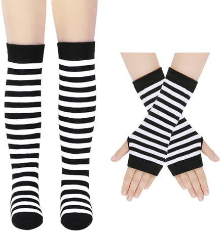 CQQNIU 1 Pair Of Striped Knee Socks And 1 Pair Of Striped Gloves, Girls' Stockings, Elastic Thermal Socks, Fingerless Gloves, Long Knitted Gloves