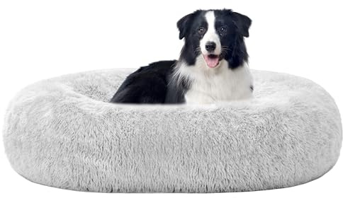 HMTOPE Cama ortopédica redonda para perros, cojín para perros, gatos, donut, cesta para perros, lavable, 90 cm de diámetro, color gris claro