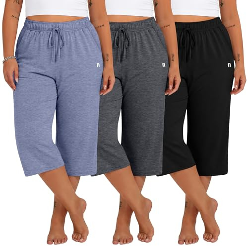 Neer Lot de 3 Pantalons Capri Grande Taille pour Femmes, Jambes Larges et Amples, avec Cordon de Serrage et Poches(XL,Noir, Gris foncé mélangé, Bleu Brume)