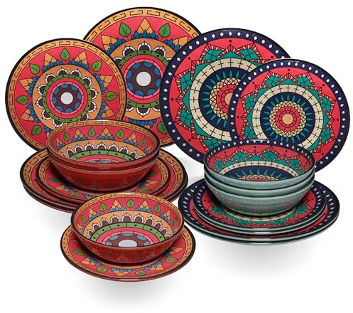 Vaisselle en mélamine Toscane Deep pour 6 personnes – 18 pièces – Rouge/vert – Aspect mandala Passe au lave-vaisselle Vaisselle de camping Camping Festival pique-nique Jardin Party