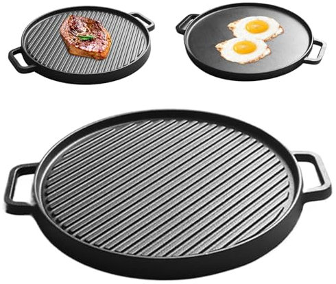Plancha de hierro fundido de 11, 8 de diámetro con placa de parrilla antiadherente de doble cara y revestimiento libre con asas para cocinas de inducción gas y halógeno.