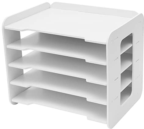 5 Ablagefächer Schreibtisch Weiß,Mortise and Tenon Konstruktion Briefablage Stapelbar Papierablagen,A4 Papier Ablagefach Aktendokumenthalter Schreibtisch Organizer mit Multifunktionales oberes Regal