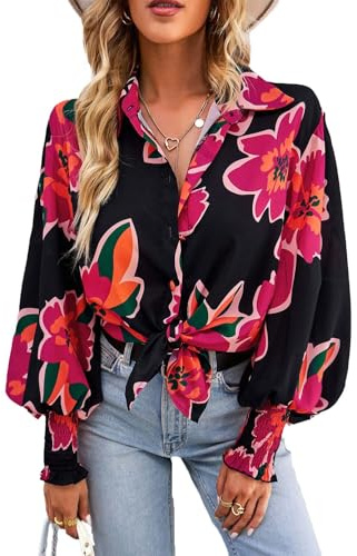 VHUQGVU Camicia Donna Elegante a Maniche Lunghe Classica Blusa Collo V Button Down Stampate Casual Camicette,Rosso,M