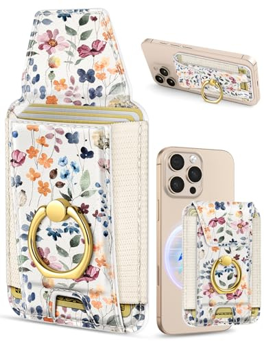 Shorogyt Compatible with Magsafe Wallet with Grip, Watercolor Wildflowers | Fits 7 Cards, with Ring Stand, Magnetic Card Holder, RFID Magnet, Slim Phone Wallet, for iPhone 18/17/16/15/14/13/12 Series