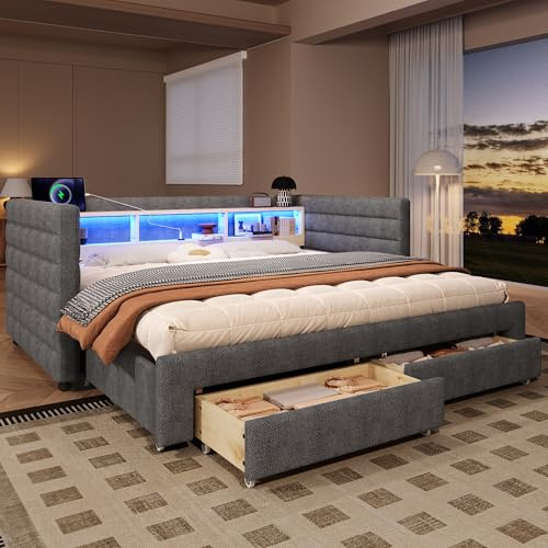 Soweiz Cama diurna, sofá cama, 90 x 190 cm, diseño de cama nido, USB + conectores tipo C, con dos cajones, varios compartimentos de almacenamiento, barra de luz, sin colchón, terciopelo (gris)
