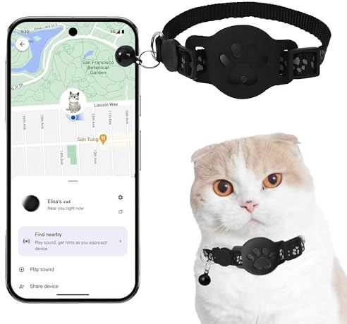 Collier GPS Chat, Traceur GPS Chat Tracker, sans Abonnement Mensuel, Compatible avec Goo- gle Find My (Android Uniquement), sans Carte SIM (Collier + pisteur Noir)