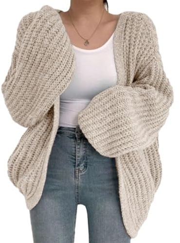 Cardigan corto da donna lavorato a maglia grossa, cardigan sciolto casual aperto sul davanti cardigan giacca lavorata a maglia tinta unita maglione cardigan maglioni per le donne, Beige, Taglia unica