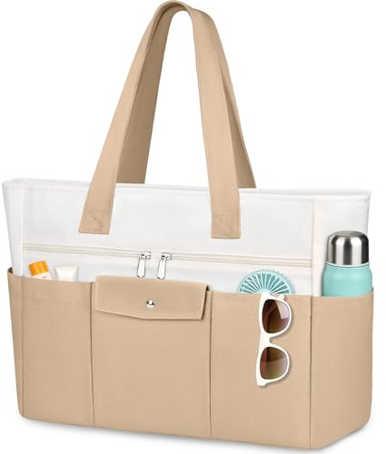 TEUEN Gran Bolso Shopper XXL Impermeable – Bolsa de Playa de Tela con Compartimento Impermeable y Cremallera, Bolsa de Viaje Ligera con Múltiples Bolsillos para Mujer