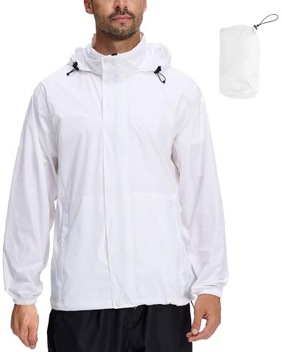 LZLER Mens Waterproof Jackets Lightweight Packable Windproof Rain Jacket Adjustable Hooded Raincoat for Outdoor Hiking Fishing Camping(White,L)