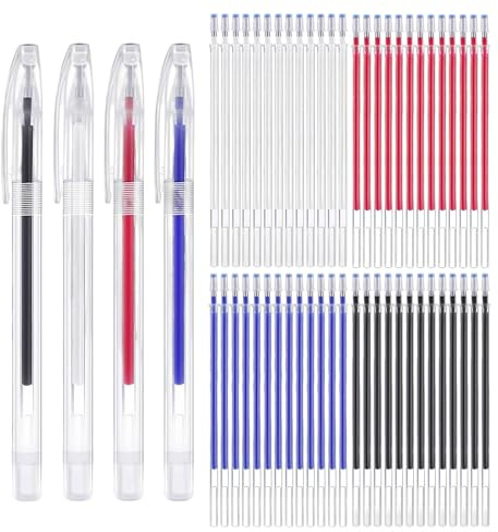 Cfanibo 4 Colors Heat Erasable Fabric Pens, Fabric Marking Pens Quilting Sewing with 52 Erasable Pen Refills Clear Empty Pens for Clothes T Shirts Dressmaking Embroidery Quilting Temporary Marking