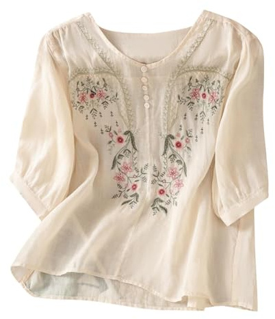 Women Linen Boho Blouse Floral Embroidered 3/4 Sleeve Plus Size Shirt | V Neck Summer Casual Lightweight Cotton Loose Fit Capsule Wardrobe Gauze Beach Vacation Top