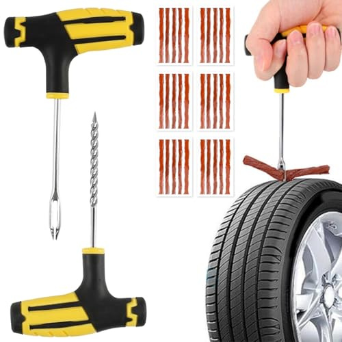 Däckreparationssats, däckreparation bil med gummipluggar och T-handtag | Bildäck reparationssats, tubeless reparationssats, universellt däcklappsset, för cyklar, motorcykel, traktor, lastbilar