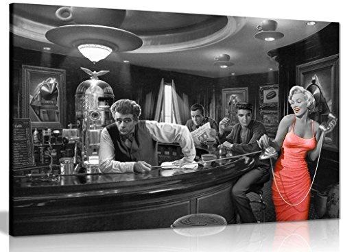 Marilyn Monroe Elvis Presley James Dean kanvas väggkonst, inramad 76 x 50 | Svart och vit med röd klänning, bilder för vardagsrum sovrum, redo att hänga, tallram, livliga färger, panter tryck
