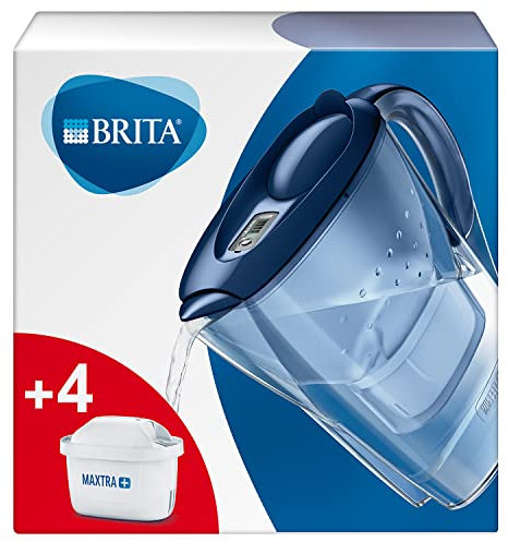 BRITA Marella - Jarra con filtro de agua para frigorífico, 2,4 l, color azul, incluye 4 cartuchos de filtro MAXTRA+ para reducir cloro, cal e impurezas, ahora en embalaje sostenible Smart Box