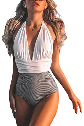 BUOYDM Maillot de Bain Femme 1 Pieces Sexy Bikini Vintage Swimwear Rétro Tankini Beachwear, Blanc M