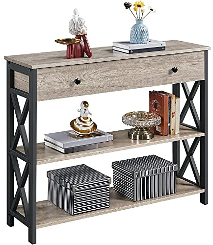 Yaheetech Console Table with Drawer, Entryway Table with 3 Tier Storage Shelves, Narrow Long Sofa Table for Entryway, Living Room, Hallway, Couch, Kitchen, Metal Frame, Gray