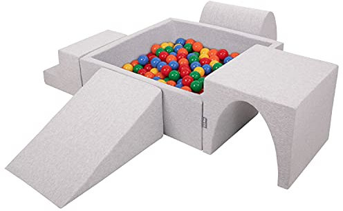 KiddyMoon Spielplatz Aus Schaumstoff Mit Quadrat Bällebad (300 Bälle) Ballgruben Für Babys Spielbad Hindernisläufen, Hergestellt In Der EU, Hellgrau:Gelb/Grün/Blau/Rot/Orange