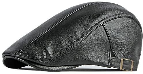 Qianuer Newsboy Hats for Men Leather Ivy Flat Cap Gatsby Driving Cabbie Beret Black