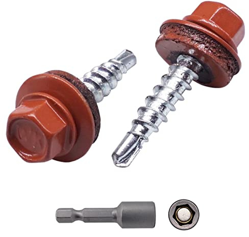 (Förpackning med 150 st) Takskruvar i metall, 4,8 x 25 mm målade självborrande skruvar med EPDM-brickor, metallskruv (150, kopparbrun RAL 8004)