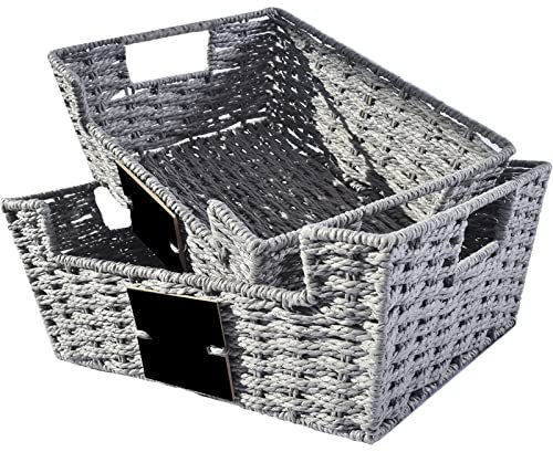 OUTBROS Körbchen Geflochten,Rattankorb aus Gewebtem, Deko Aufbewahrungskörbe, Organizer korb in Shelf, Arbeitsplatte Regal Schrank Organizer,Papierseil Grau, 2er Set