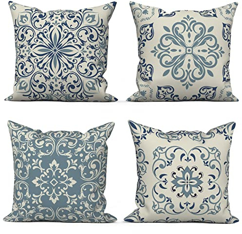 ASDCXZ Örngott boho 50 x 50 cm set om 4, retro datura blommönster beige blå soffa dekorativa kuddar örngott tvättbar polyester lin textil utomhus stoppning örngott