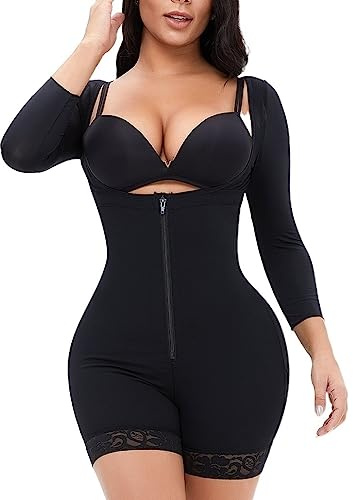 Fajas Postparto De Pecho Abierto Body Moldeador De Cuerpo Completo con Control De Barriga para Mujer Body Delgado hasta El Muslo Manga Larga Shapewear Talla Grande (Color : Black, Size : M)