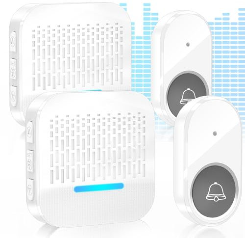 SURFOU Funkklingel Aussen Wasserdicht Hausklingel Batteriebetrieben Türklingel Funk Set, Klingel Haustür 300m Reichweite mit Plug-In Empfänger 5 Volumen 55 Melodien (Weiß, 2 Empfänger + 2 Sender)