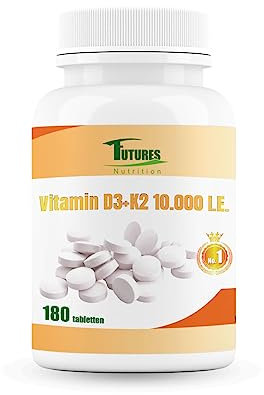 FUTURES NUTRITION 10000 I.E Vitamin D3 K2 Hochdosiert | Vegan | Beste Bioverfügbarkeit mit 99,7+% All-Trans Anteil | Nur 1 Tablette alle 10 Tage | Laborgeprüfte Reinheit | 180 Tabletten