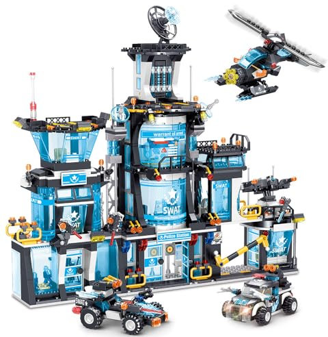 MindBox Stadt Polizeistation Gebäude Set mit Polizei Auto Hubschrauber, 1430pcs Baustein Spielzeug Geschenk für Jungen 6-12