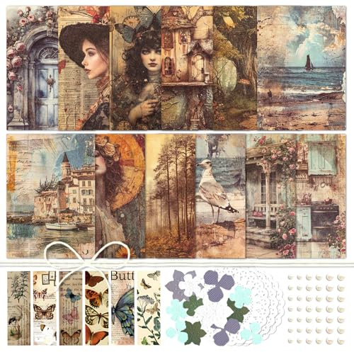 Mayplous Set Scrapbooking Vintage con Adesivi Washi Farfalla e Ritagli Floreali, Carta Decorativa Retrò per Planner, Junk Journal, Biglietti e Collage (Calm)