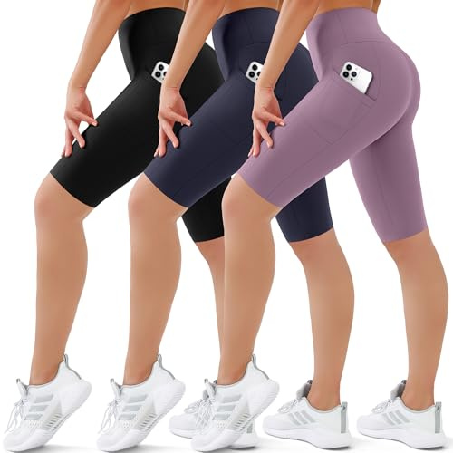 SUNCLOVE Paquete de 3 pantalones cortos de ciclista para mujer, control de abdomen, entrenamiento, yoga, gimnasio, correr, pantalones cortos con bolsillos, 07 negro/azul marino/morado, XXL