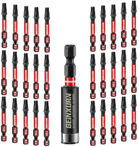 GEINXURN 30 Stück T25 Schlagfester Schrauberbitsatz 50mm Länge #25 Torx 1/4 zoll Sechskantschaft Antriebsbits mit 1 Stück 60mm Magnetische Bit-Halter, S2 Legierter Stahl T25 Schraubendreher Bits Set