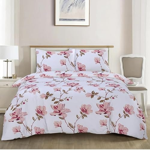 Luxury 4-Piece Marble Floral Bedding Set – Soft Duvet Cover, Deep Pocket Fitted Sheet, Pillowcases – Wrinkle-Resistant, Hotel-Quality, Machine Washable, All-Season Bedding – D_Floral-White – Doubble