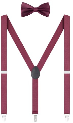 WANYING Juego de tirantes y pajarita 2 en 1 para hombre y adolescente, 2,5 cm de ancho, forma de Y, 3 clips, para informal, formal, fiesta, boda, color burdeos, Liso Burdeos, 2,5*105cm (für