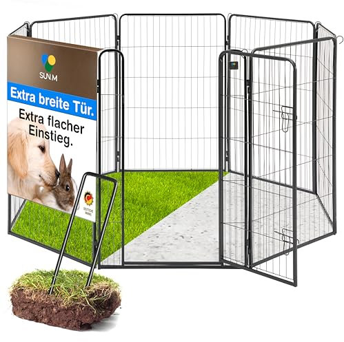 SUN-M Welpenauslauf 100 cm hoch mit Tür, 8-teilig & faltbar, Freilaufgehege für Hunde & Welpen, werkzeugfreier Aufbauen, inkl. Erdanker & Steckbolzen, Outdoor Welpenzaun stabil