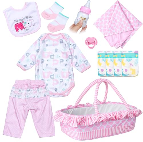 PEDOLLTREE 12 Pcs Reborn Baby Dolls Clothes Girl Pink Elephant Outfit Accessories for 17-22 Inch Reborn Doll Newborn Girl with Pink Heart Bassinet