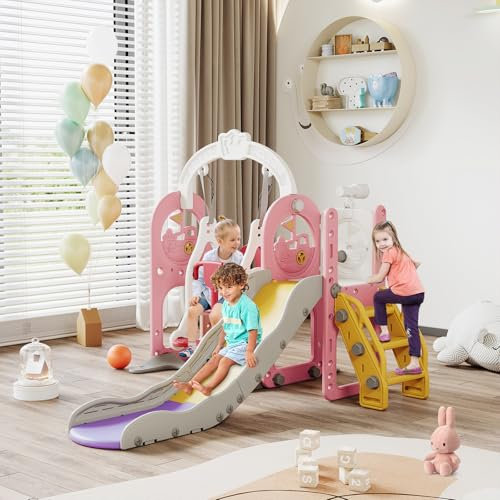 Scivolo per bambini 6 in 1,Scivolo per L'aspetto della barca pirata,Set di altalena e scivolo per bambini, con altalena, telescopio, scorrevole, pallacanestro rack, rosa