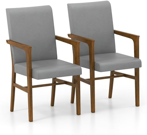 COSTWAY Dining Chairs Set of 2, Upholstered Kitchen Chairs with High Back, Armrest and Soft Cushion, Wooden Frame Side Accent Armchairs for Dining Room Living Room
