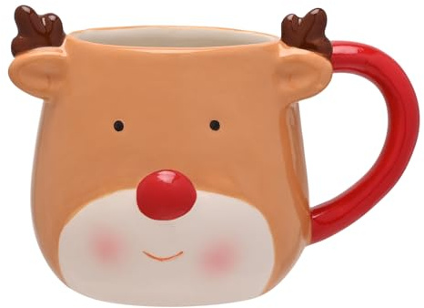 Widdop - Taza de cerámica festiva con detalle de cuernos y mango rojo, bonita vajilla de Navidad para chocolate caliente, té y café, divertido regalo de invierno para familiares y amigos