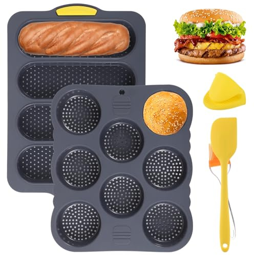 Sacolin Silicone Hamburger Bun Molds, Set of 5, Includes Brush, Spatula, and Grab Glove, Nonstick Perforated Baking Pans, 4/8-Cup, Microwave and Dishwasher Safe