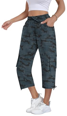 Magritta Women Cropped Trousers Summer Cargo Capri Pants for Women Joggers Ladies Trousers 3/4 Length Outdoor Casual Hiking Pants with Pockets Camo Grey XX-Large, 22-24