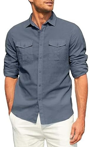 Långärmad verktygsskjorta för män, svart knapp arbetsskjorta för män, ledig bomullskänsla med dubbla bröstfickor, smart casual t-shirt för