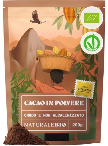 NaturaleBio Cacao Biologico in Polvere 200g. Naturale e Puro da Fave Crude. Non Zuccherato. Prodotto dalla pianta Theobroma Cacao. Lavorato a Basse Temperature. Testato per Metalli Pesanti