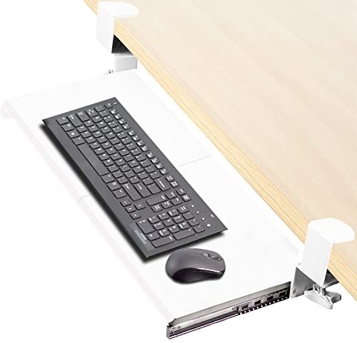 VIVO Clamp-on Computer Keyboard and Mouse Under Desk Mount Slider Tray, 69cm (84 Including Clamps) x 28cm Pull Out Platform Drawer, White, MOUNT-KB05W