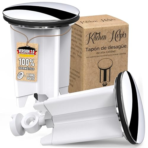 Kitchen Helpis® Lot de 2 bondes universelles pour évier, bonde de 40mm avec Chaine Attrape-Cheveux, bonde évier, bonde évier Contre Les Mauvaises odeurs, bonde lavabo Inoxydable, bonde lavabo, Blanc