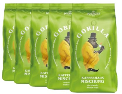 Joerges Gorilla Kaffeehaus-Mischung, 5er Vorteilspack (5x 1000g), ganze Kaffeebohnen, Röstkaffee, Caffè