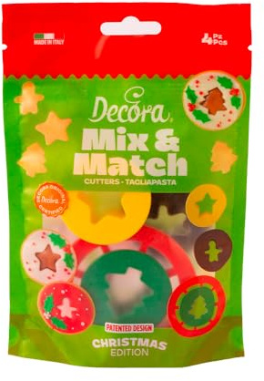 Decora 0255044 Set 4 Tagliapasta Occhio Di Bue Natale, In Plastica, Il Kit Ideale per Creare Decorazioni in Pasta di Zucchero o di Gomma, Made in Italy, Design originale. Confezione da 4 pezzi.